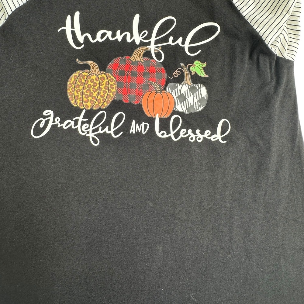 Unbranded Raglan Top Women Black Thanksgiving Pumpkin Mixed Print Sleeve Graphic - Picture 8 of 13